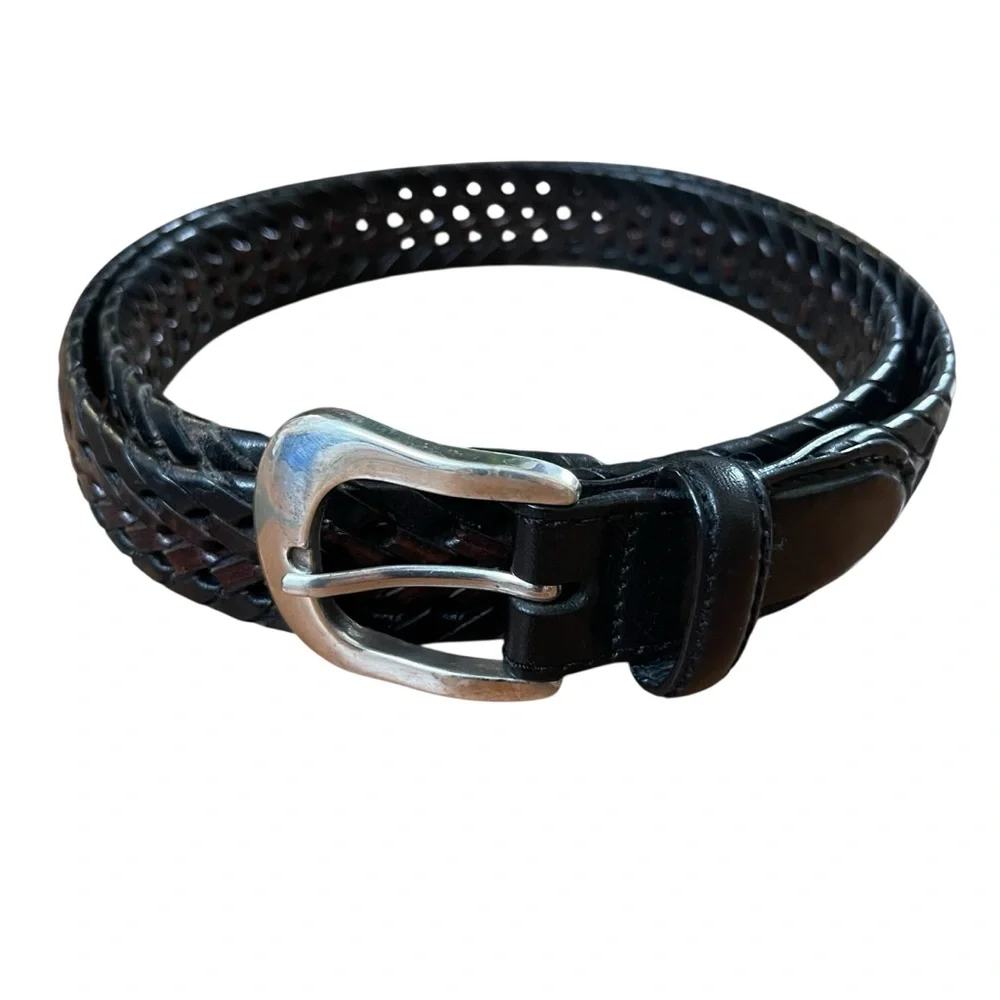 Brighton‎ Black Leather Woven Belt with Classic Silver Buckle Sz. 36